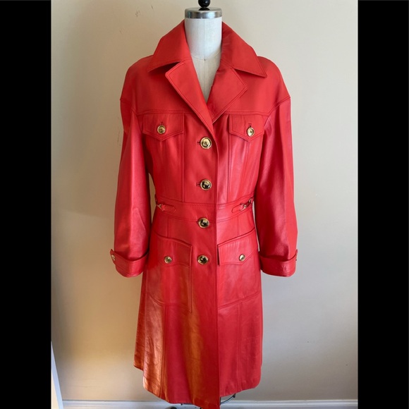 Leda Spain by Gropper Tangerine Leather Trench Coat with Gold Tone Accents - Picture 1 of 16